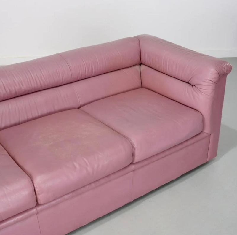 Midcentury Mauve Pink Leather Puffy Sofa 1980s