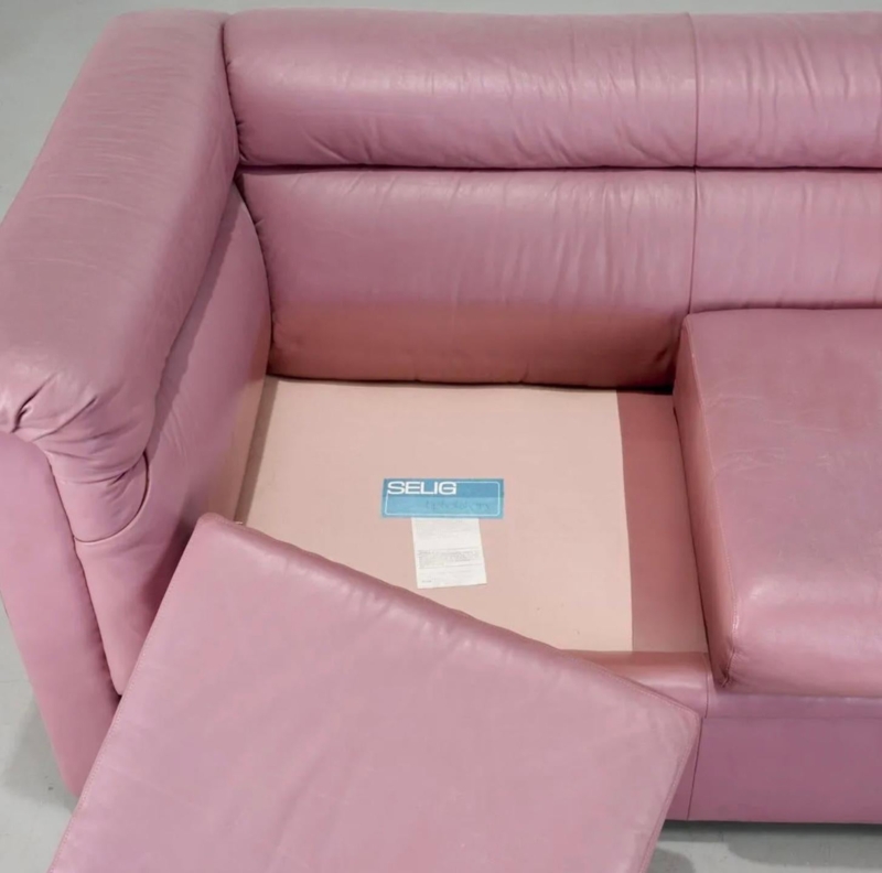 Midcentury Mauve Pink Leather Puffy Sofa 1980s