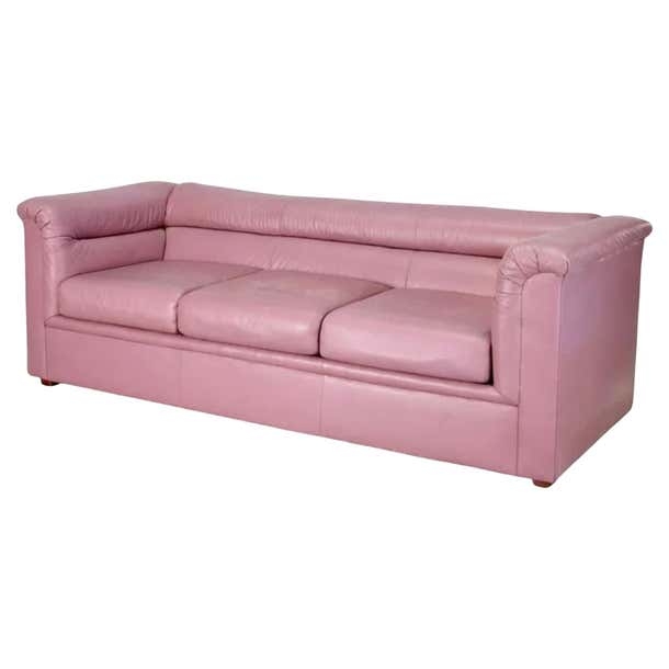 Midcentury Mauve Pink Leather Puffy Sofa