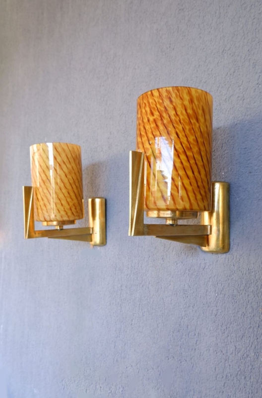 Midcentury Modern Brass Wall Sconces with Amber Shades