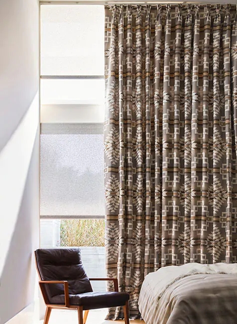 Modern Bedroom with Patterned Pendleton Curtains