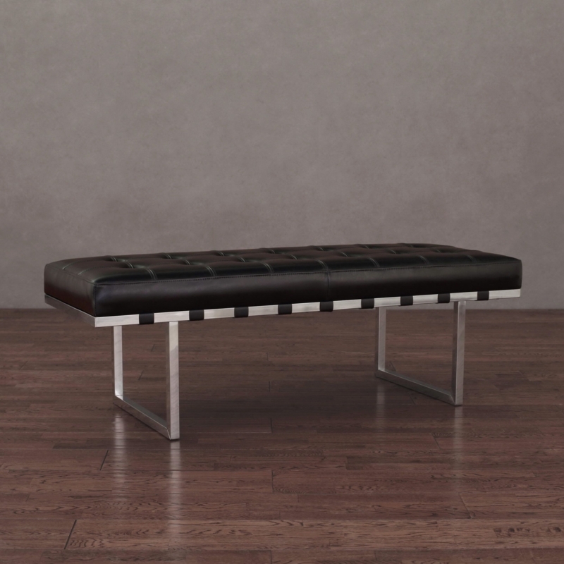 Modern Black Leather Bench with Stainless Steel Frame