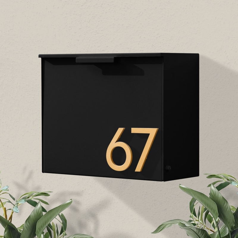 Modern Black Mailbox with Gold House Numbers