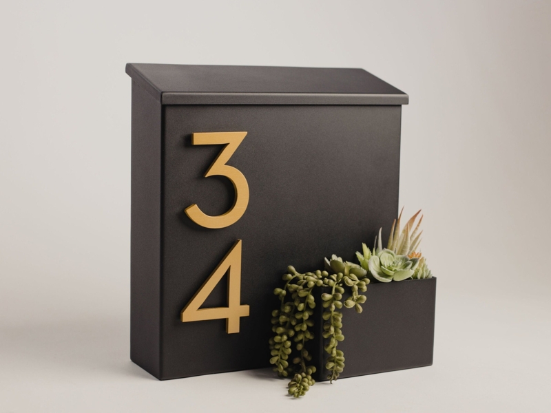 Modern Black Mid-Century Mailbox with Gold Numbers