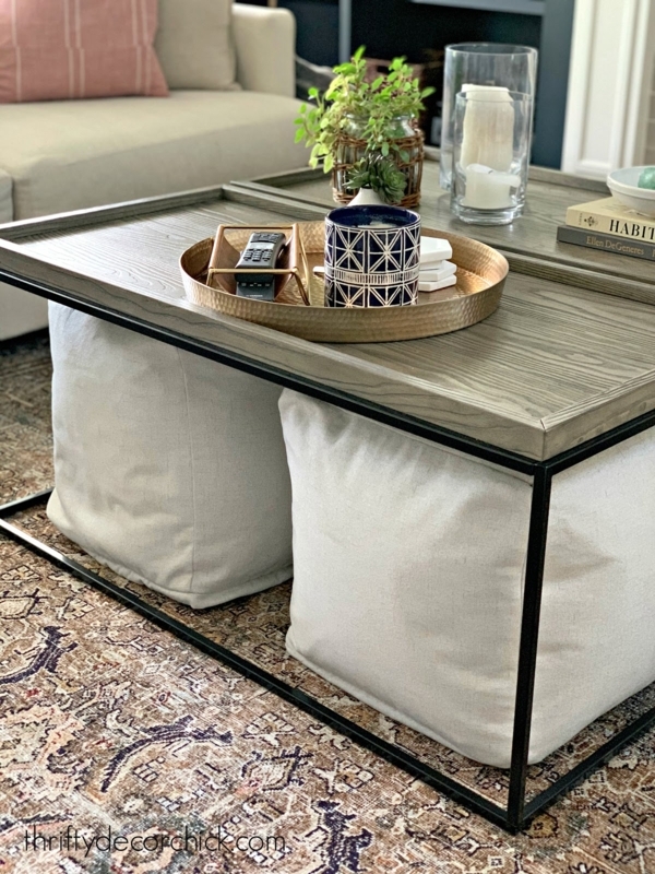 Modern Coffee Table with Pouf Storage and Decorative Tray
