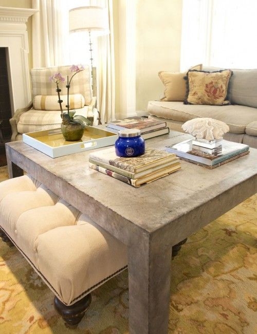 Modern Concrete Coffee Table with Beige Ottoman Seating