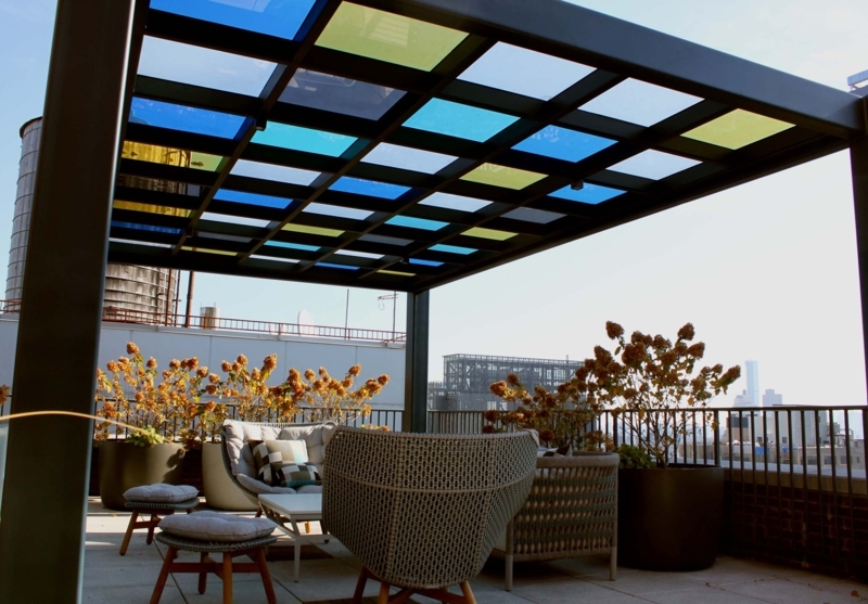 Modern Custom Metal Pergola with Colored Glass Panels