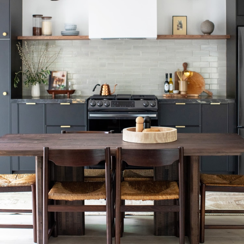 Modern Dark Wood Kitchen Island with Black Cabinets