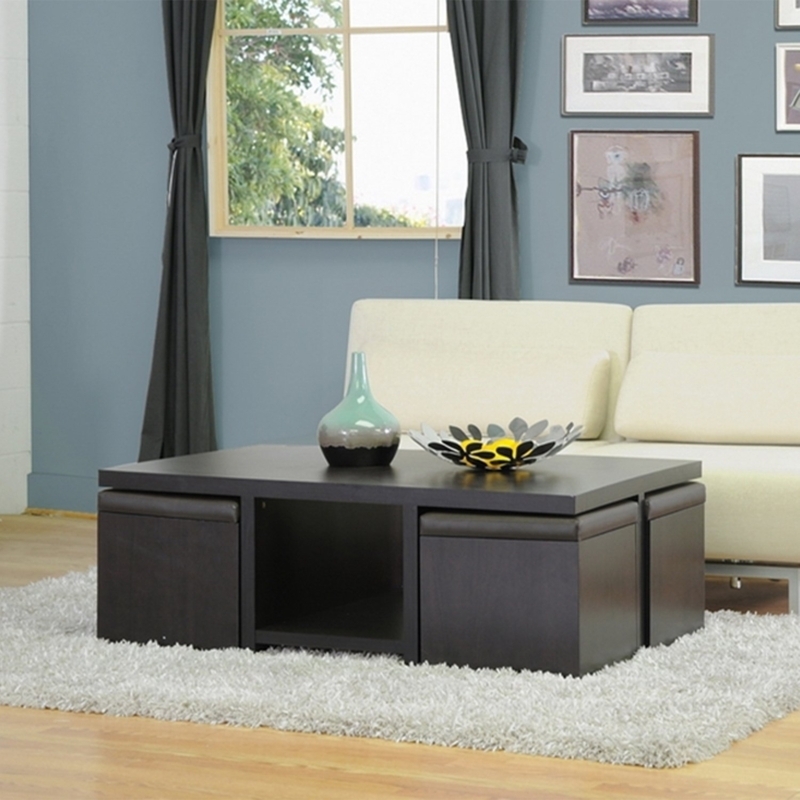 Modern Dark Wood Sofa Table with Storage Ottomans