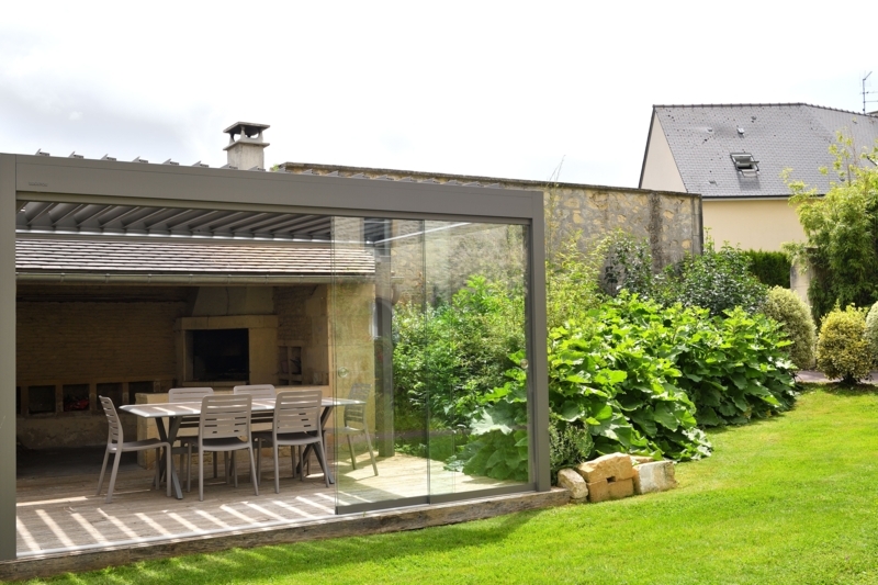 Modern Glass Pergola with Sliding Glass Doors