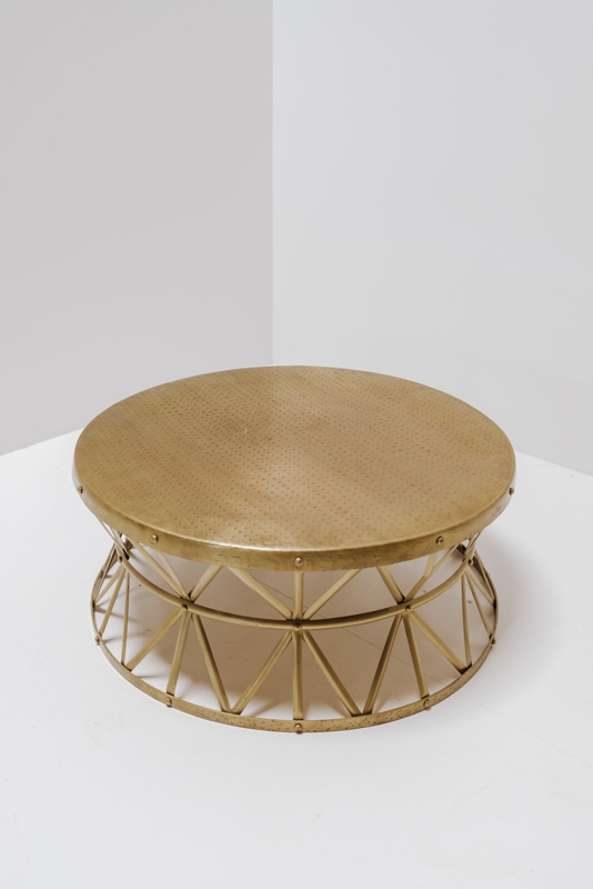 Modern Gold Drum Coffee Table with Geometric Base