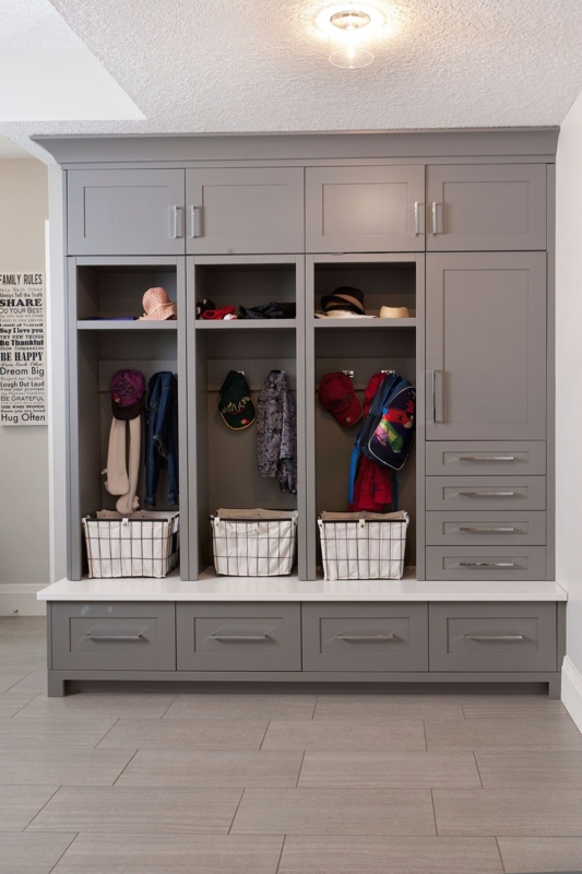 Modern Gray Mudroom Storage Cabinets with Cubbies