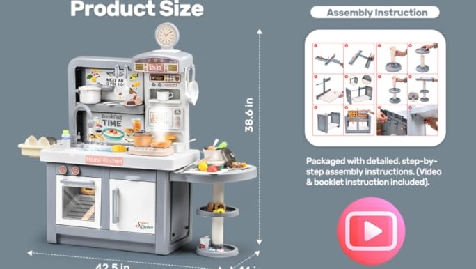 Modern Gray Toddler Play Kitchen with Accessories