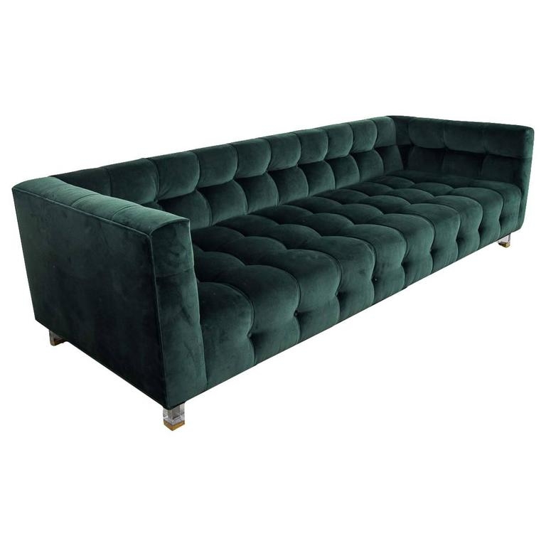 Modern Hunter Green Velvet Delano Sofa with Lucite Legs