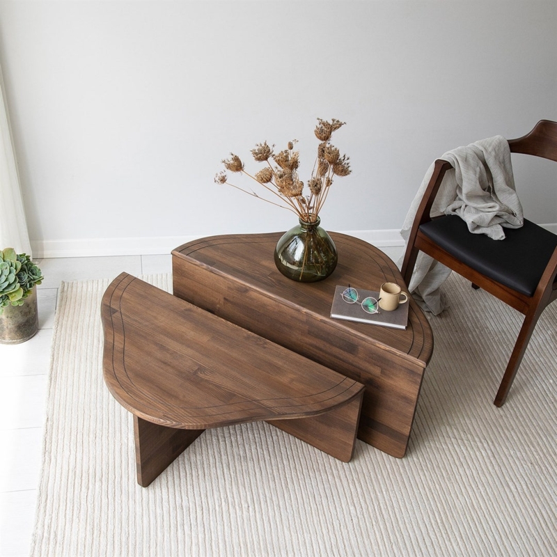 Modern Irregular Walnut Nesting Coffee Tables