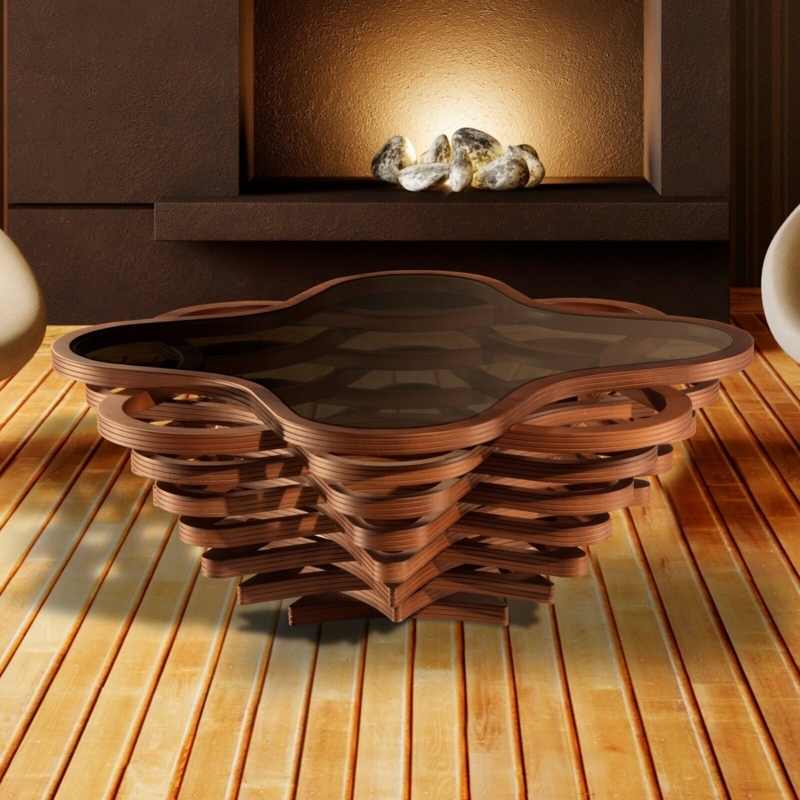 Modern Irregular Wooden Coffee Table with Glass Top