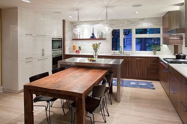 Modern Kitchen with Island and Wooden Dining Table