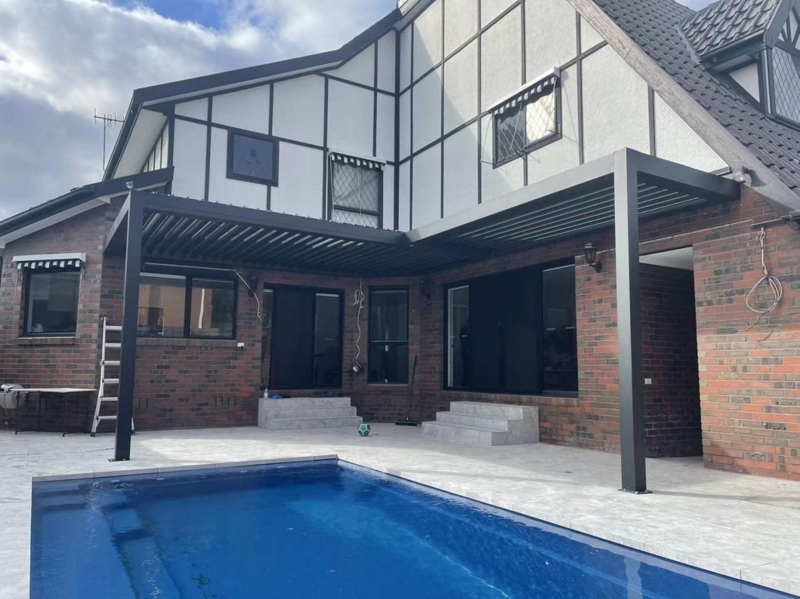 Modern L-Shaped Pergola Roof Over Pool Area