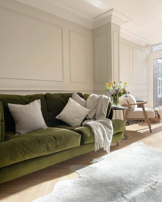 Modern Living Room with Hunter Green Velvet Sofa