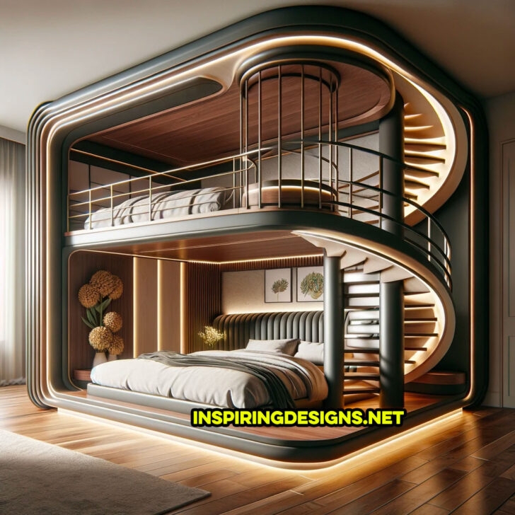 Modern Luxury Bunk Beds with Curved Staircase Design