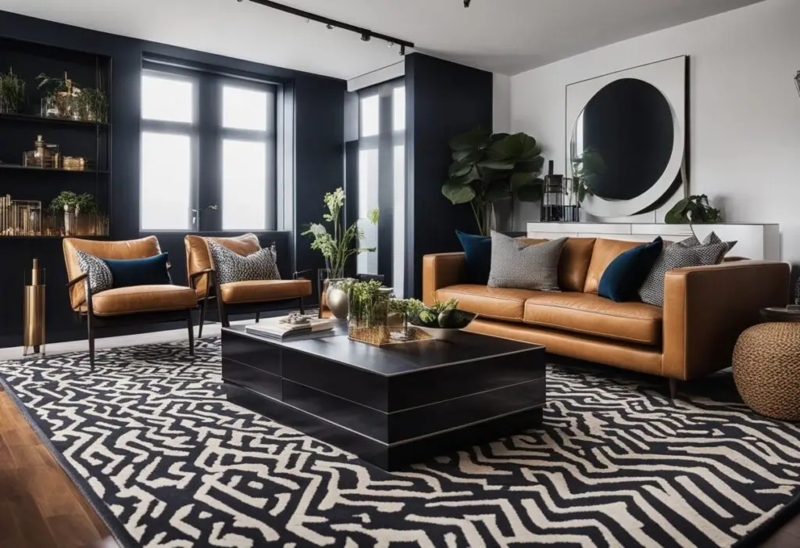 Modern Masculine Living Room with Bold Patterned Rug