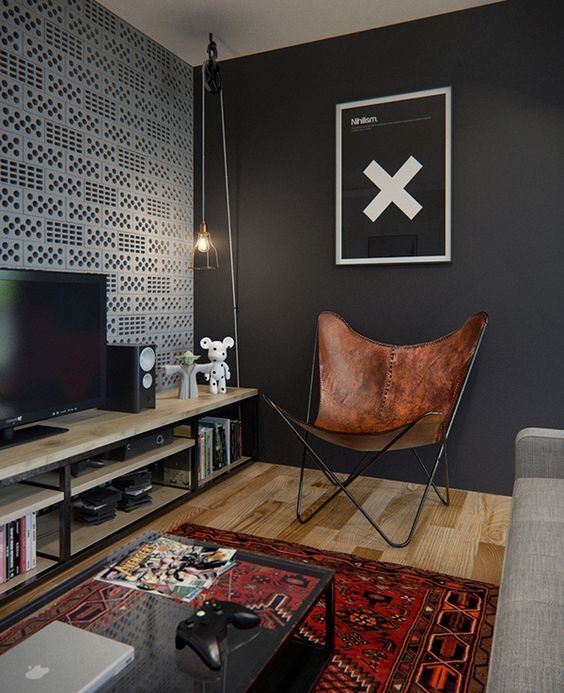 Modern Masculine Living Room with Leather Chair and Rug
