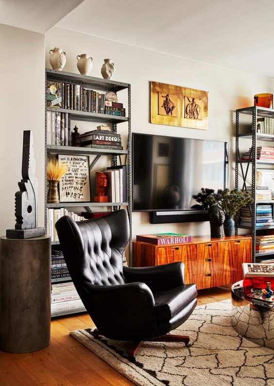Modern Masculine Living Room with Leather Chair Rug