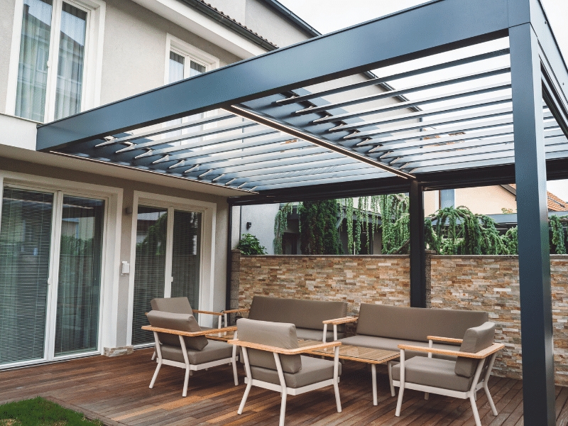 Modern Pergola with Glass Roof and Outdoor Seating