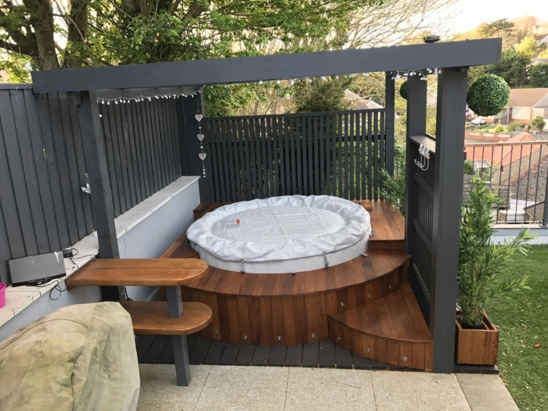 Modern pergola with lazy spa hot tub and insulated iroko hardwood ...