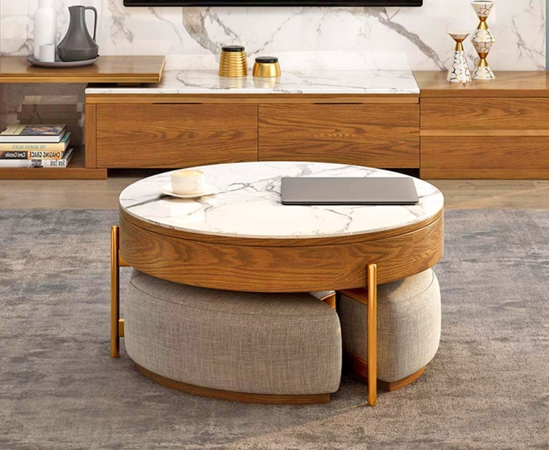 Modern Round Marble Coffee Table with Ottoman Seating