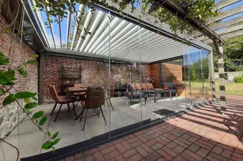Modern Sliding Glass Pergola with Outdoor Seating