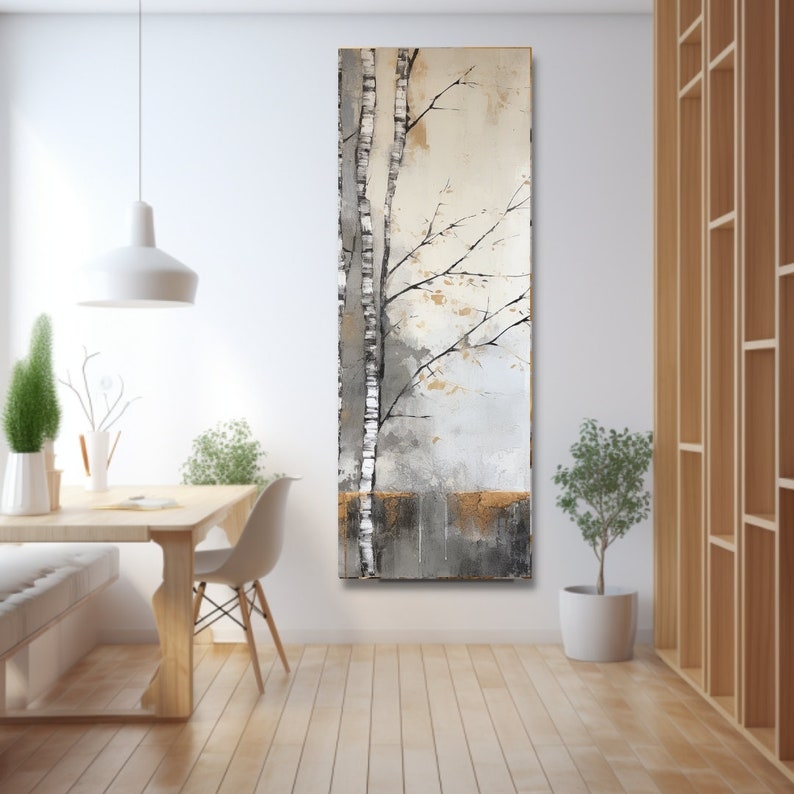 Modern Tall Narrow Canvas Wall Art with Birch Trees
