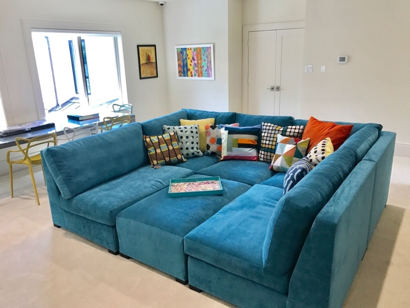 Modern Turquoise Playpen Sectional Sofa with Colorful Pillows