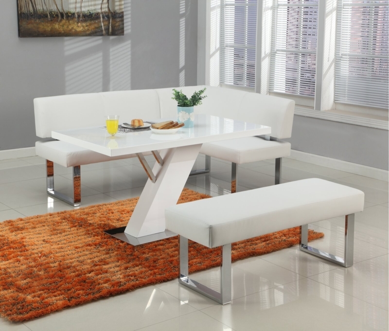 Modern White Dining Benches with Sleek Metal Legs