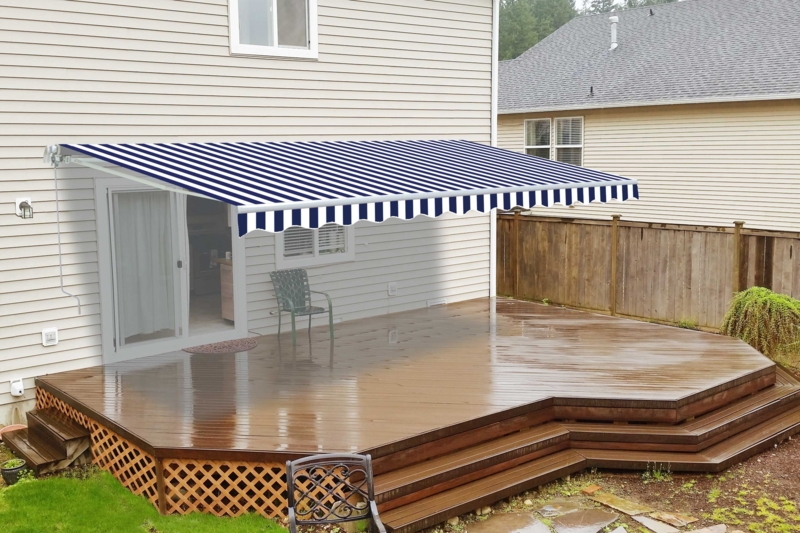 Motorized Blue and White Retractable Patio Awning