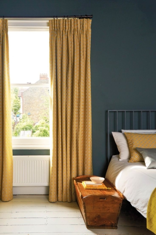 Mustard Curtains in Cozy Dark Bedroom Design