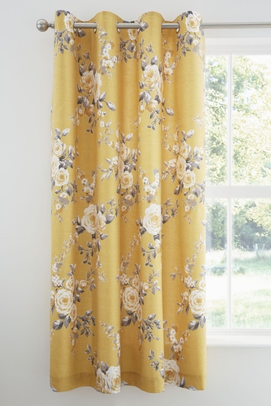 Mustard Yellow Floral Ring Top Fully Lined Curtains