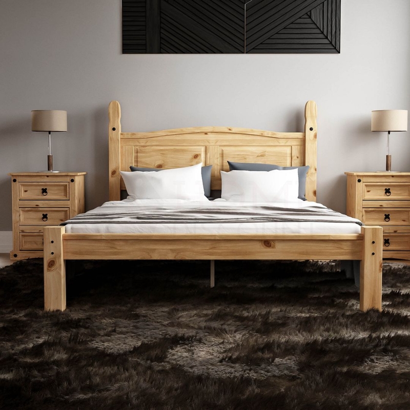 Natural Pine Wood Bed with Matching Nightstands