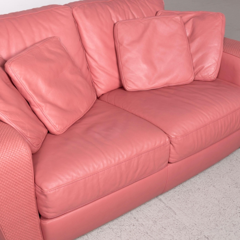 Natuzzi Red Pink Leather Two-Seat Designer Sofa
