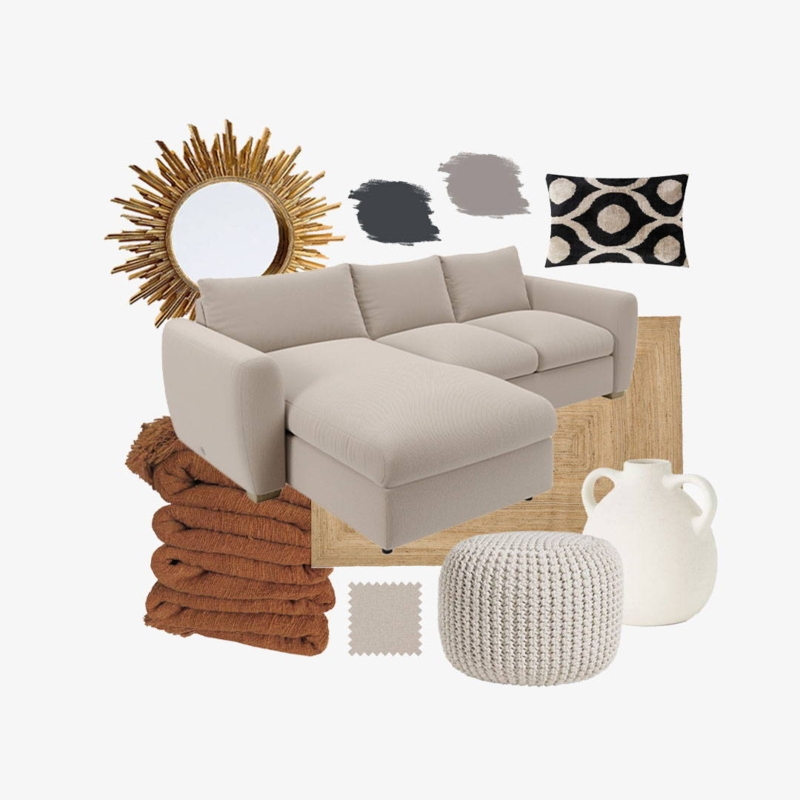Oatmeal Sectional Sofa with Boho Decorative Accents