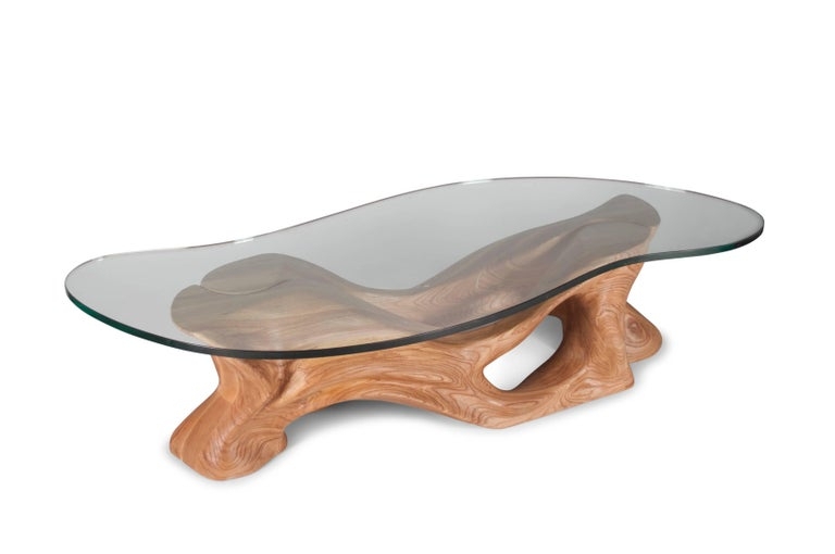 Organic Shaped Glass Coffee Table with Solid Wood Base