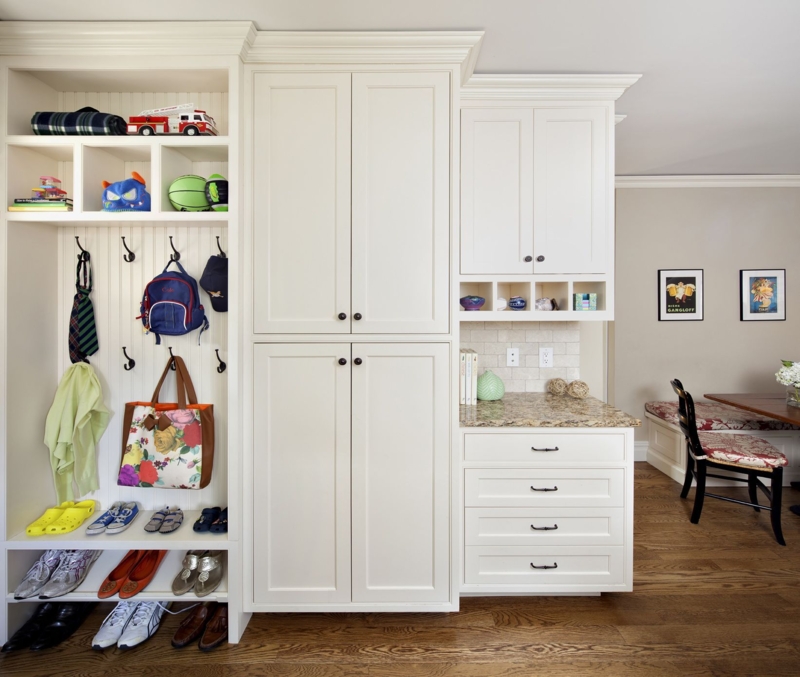 Organized White Mudroom with Storage Lockers