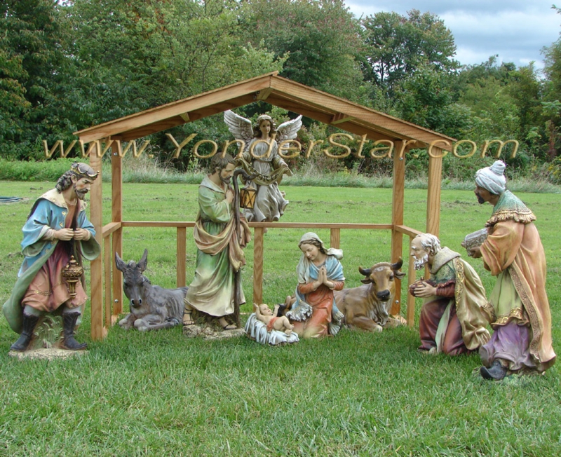 Outdoor Nativity Scene with Wooden Stable Set