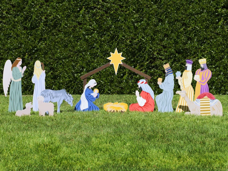Outdoor Wooden Nativity Set with Traditional Figures