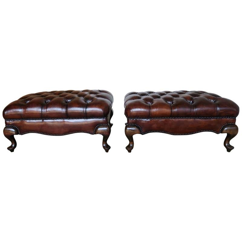 Pair of Button Tufted Leather and Solid Walnut Benches at 1stdibs