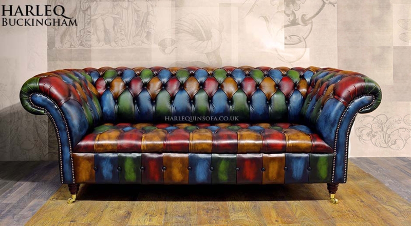 Patchwork Chesterfield Harlequin Leather Sofa and Chairs
