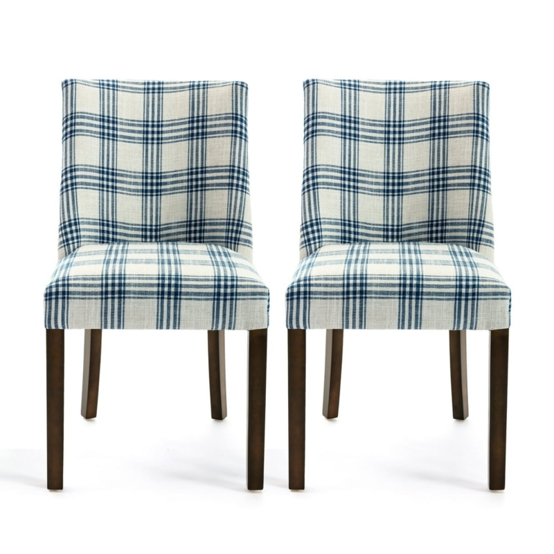 Plaid Upholstered Dining Chairs Set with Dark Wood Legs