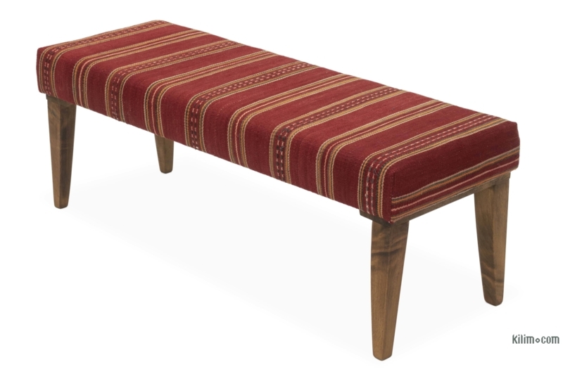 Red Kilim Upholstered Wooden Bench with Stripes