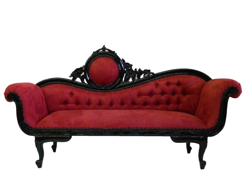 Red Velvet Gothic Victorian Sofa with Carved Wood