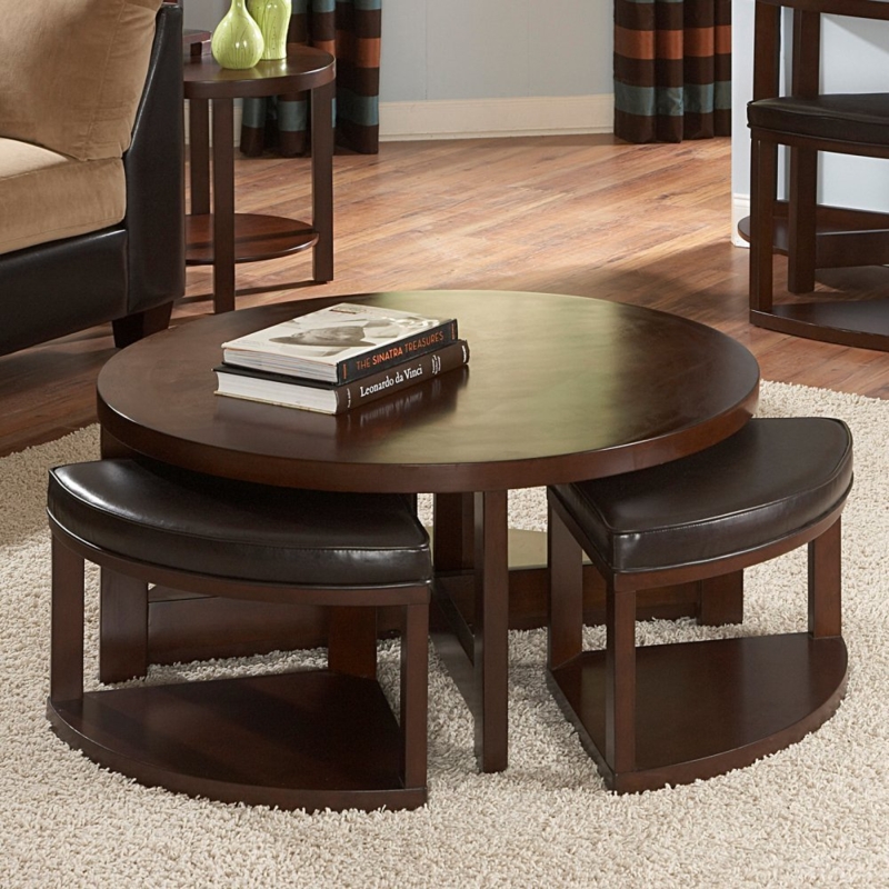 Round Wooden Coffee Table with Hidden Ottomans